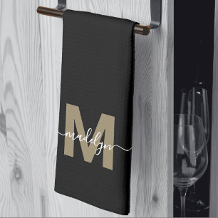 Zwarte Gouden Elegante Moderne Script Naam Monogra Theedoek