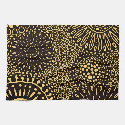 Zwarte Gouden Etnische Bloem Motief Keukenhanddoek (Horizontaal)