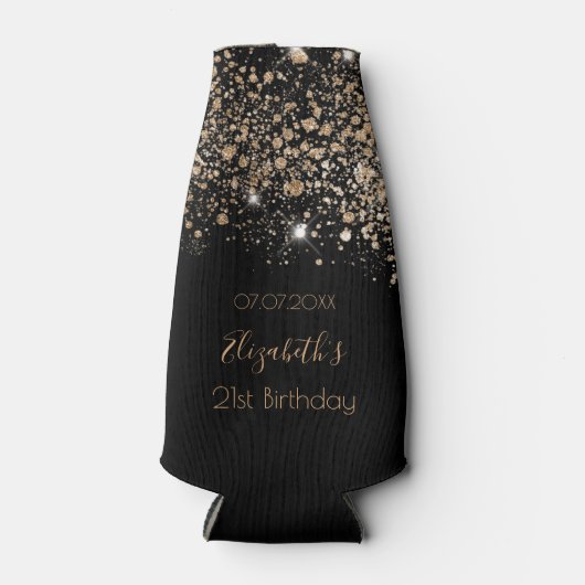 Zwarte gouden glinsterende monogram chique verjaar flesjeskoeler (Voorkant)