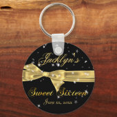 Zwarte, gouden glinsterende Sweet Sixteen feestfav Sleutelhanger (Voorkant)