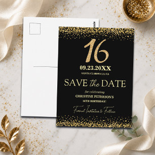 Zwarte Gouden Glitter 16e Verjaardag Save the Date Briefkaart