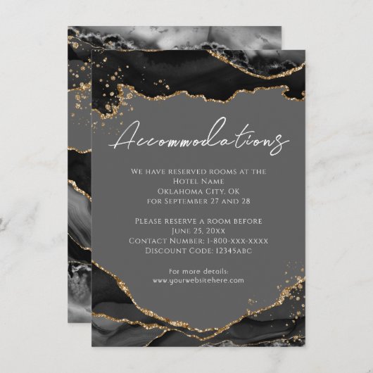 Zwarte Gouden Glitter Agate Huwelijks Uitnodiginge Informatiekaartje (Voorkant / Achterkant)