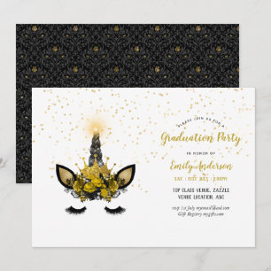 Zwarte Gouden Glitter Eenhoorn GRADUATIE Meisje Fe Kaart