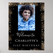 Zwarte gouden glitter foto van Birthday Poster (Voorkant)