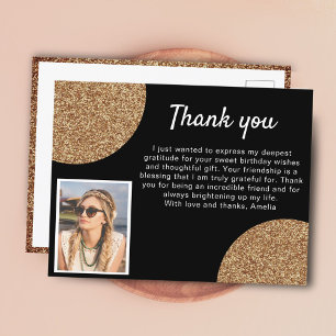 Zwarte Gouden Glitter Foto Verjaardag Bedankt Briefkaart