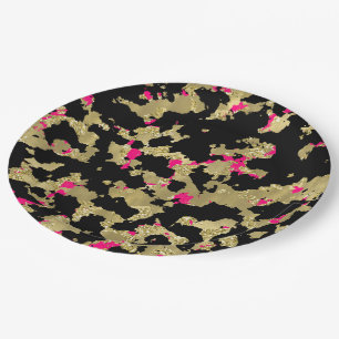 Zwarte Gouden Glitter Heet Roze Abstracte Afbladde Papieren Bordje