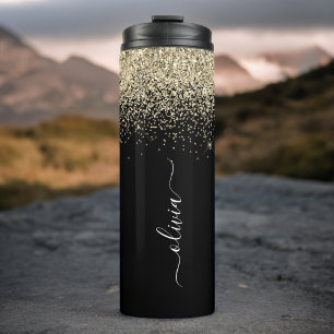 Zwarte Gouden Glitter Meisjesachtige Monogram Naam Thermosbeker