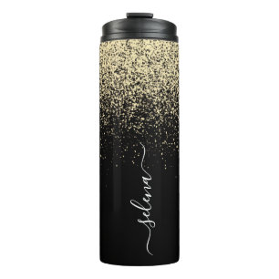 Zwarte Gouden Glitter Monogram Meisjesachtig Thermosbeker