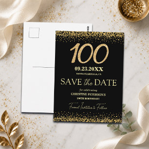 Zwarte Gouden Glitters 100e Verjaardag Save the Da Briefkaart