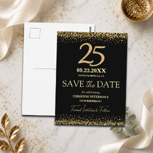 Zwarte Gouden Glitters 25e Verjaardag Save the Dat Briefkaart