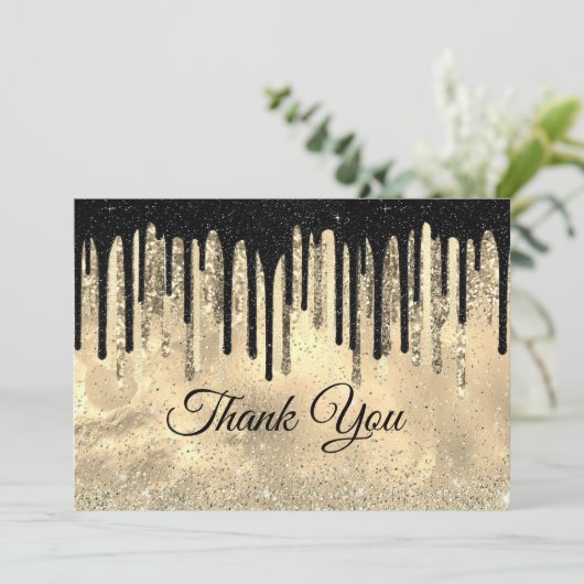 Zwarte gouden glitters glanzend neerdalend bedankkaart (Staand voorkant)