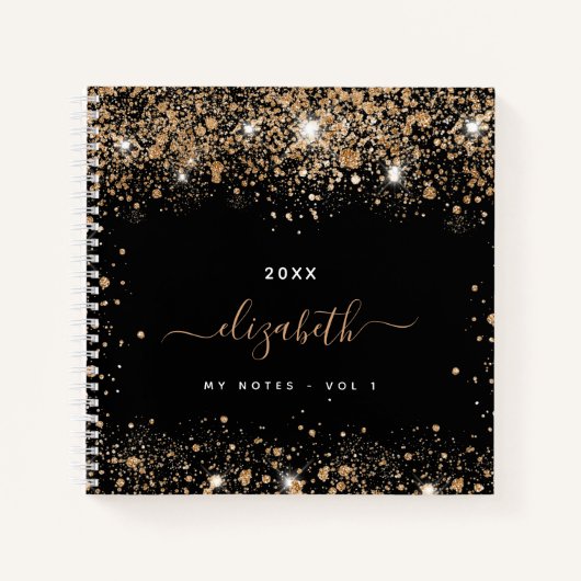 Zwarte gouden glitterscript-naam notitieboek (Voorkant)