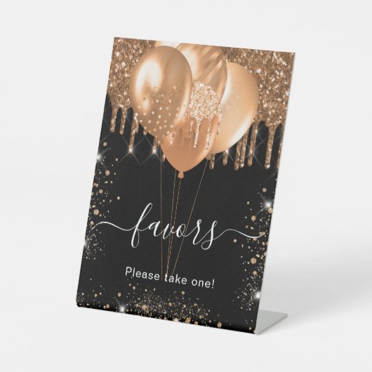 Zwarte gouden glitterslierten gunst gast teken reclamebord met voetstuk (Voorkant)