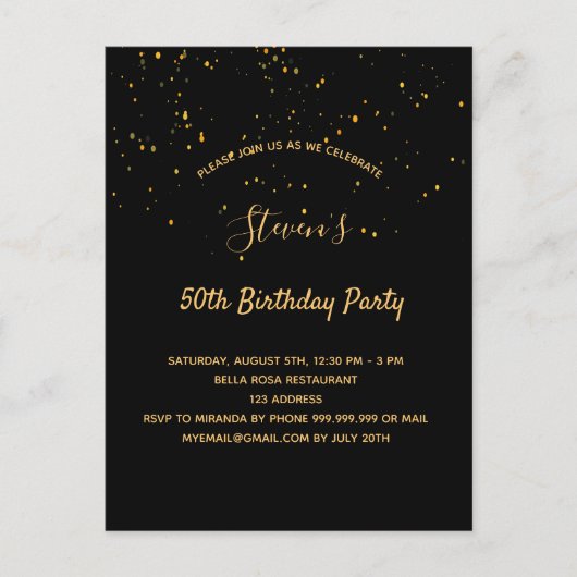 Zwarte gouden gouden feestdag, eenvoudige uitnodig briefkaart (Voorkant)
