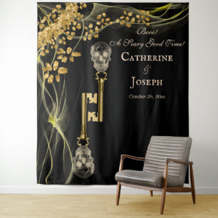 Zwarte Gouden Halloween Bruiloft & Gouden Schedel Wandkleed
