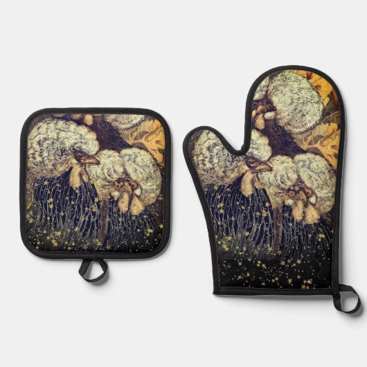 Zwarte Gouden Hanen Rustiek Patroon Ovenwant & Pannenlap Set (Voorkant)