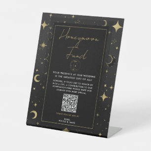 Zwarte & Gouden Hemelmaan Sterren Honeymoon Fonds Reclamebord Met Voetstuk