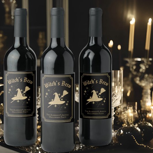 Zwarte Gouden Hoed & Bezem Heksendrank Halloween F Wijn Etiket
