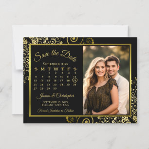 Zwarte & Gouden Kalender Foto Save Datum Magneet Magnetische Uitnodiging