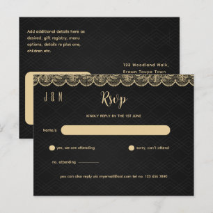Zwarte Gouden Kant Bruiloft RSVP Voor Bijpassende  Briefkaart