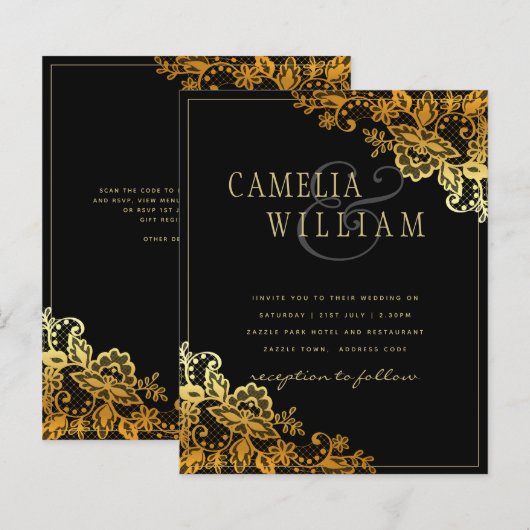 Zwarte Gouden Kant Trouw Uitnodigingen (Voorkant / Achterkant)