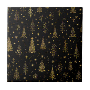 Zwarte Gouden Kerstbomen Elegant Boslandschap Tegeltje