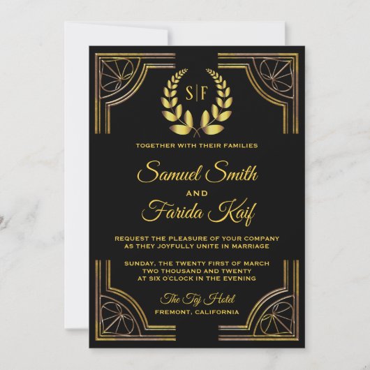 Zwarte Gouden Laurier Monogram Huwelijksuitnodigin Kaart (Voorkant)