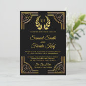 Zwarte Gouden Laurier Monogram Huwelijksuitnodigin Kaart (Staand voorkant)