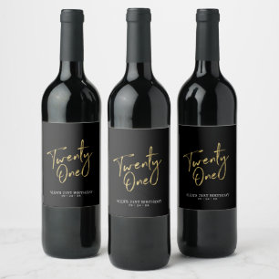 Zwarte & Gouden Lettertype 21e Verjaardagsfeest Wijn Etiket