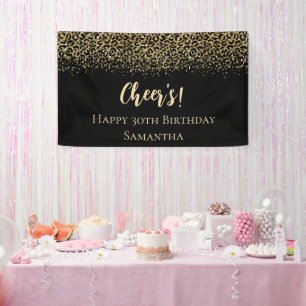Zwarte Gouden Luipaardprint Glitter Verjaardag Spandoek