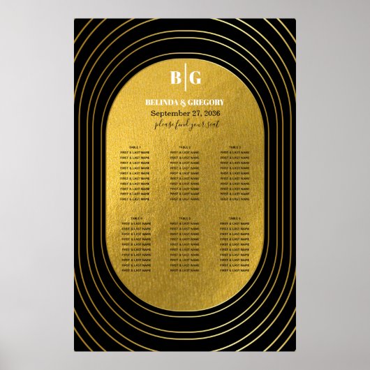 Zwarte & gouden moderne Arch Wedding Seating Chart Poster (Voorkant)
