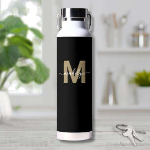 Zwarte Gouden Moderne Initiële Naam Monogram Waterfles