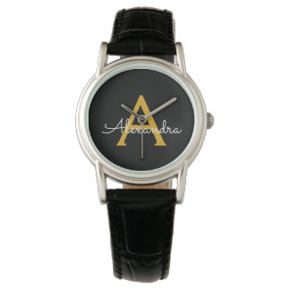Zwarte Gouden Moderne Script Meisjesachtige Monogr Horloge