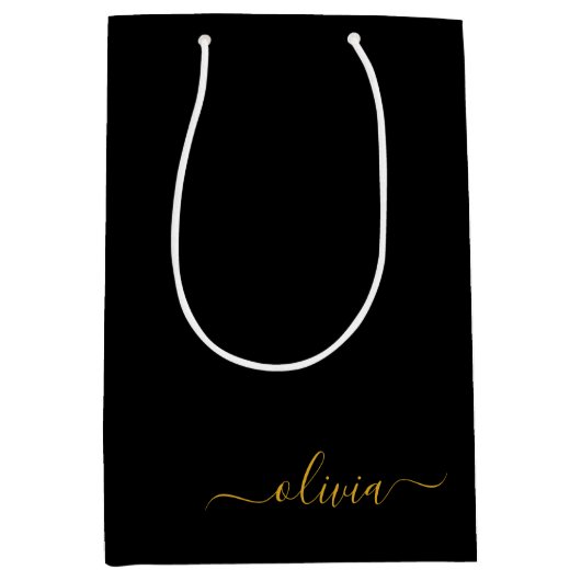 Zwarte Gouden Moderne Script Meisjesachtige Monogr Medium Cadeauzakje (Voorkant)