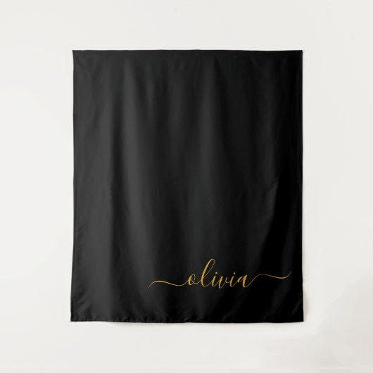 Zwarte Gouden Moderne Script Meisjesachtige Monogr Wandkleed (Voorkant)