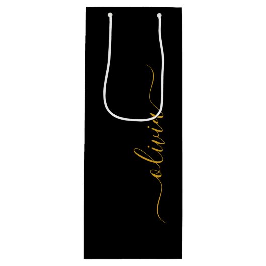 Zwarte Gouden Moderne Script Meisjesachtige Monogr Wijn Cadeautas (Voorkant)