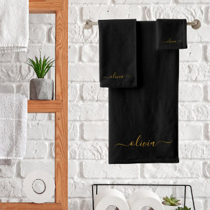 Zwarte Gouden Moderne Script Vrouwelijke Monogram  Bad Handdoek