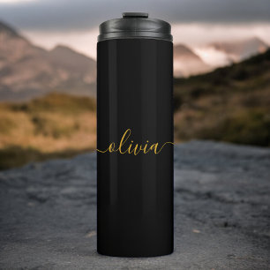 Zwarte Gouden Moderne Script Vrouwelijke Monogram  Thermosbeker