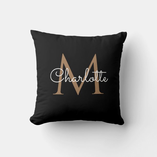 Zwarte Gouden Monogram Elegante Meisjesachtige Scr Kussen (Voorkant)