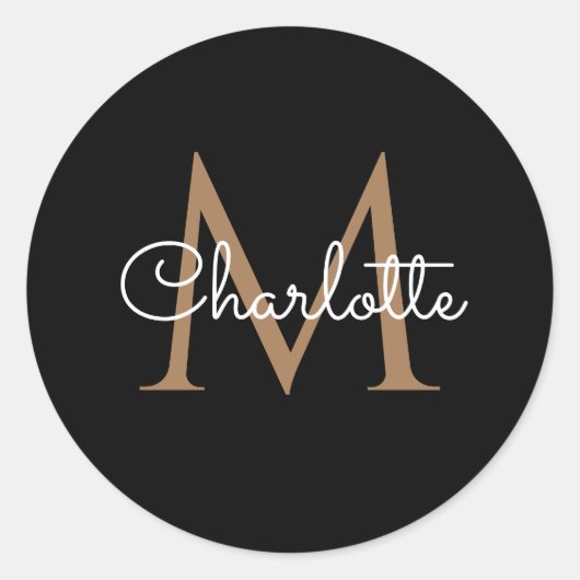 Zwarte Gouden Monogram Elegante Meisjesachtige Scr Ronde Sticker (Voorkant)