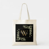 Zwarte Gouden Monogram Groene Bloemen  Tote Bag (Achterkant)