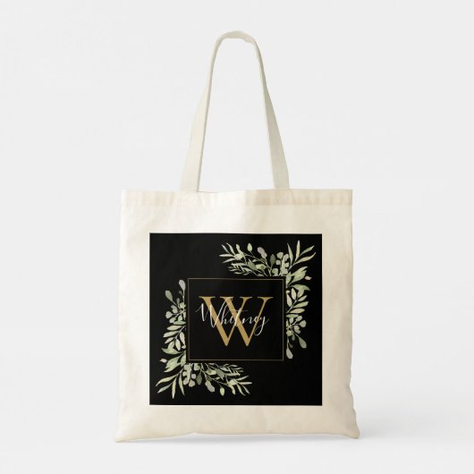 Zwarte Gouden Monogram Groene Bloemen  Tote Bag (Achterkant)
