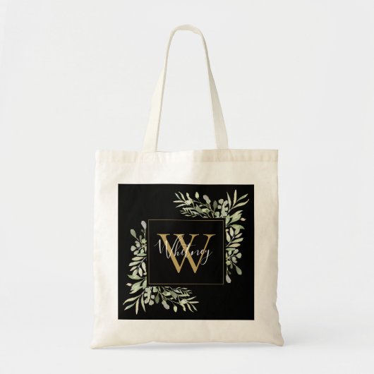 Zwarte Gouden Monogram Groene Bloemen  Tote Bag (Voorkant)