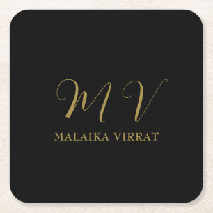 Zwarte Gouden Monogram Initiaal Letter Luxe Naam  Vierkante Kartonnen Onderzetter