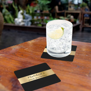 Zwarte gouden naam script verjaardag vierkante kartonnen onderzetter