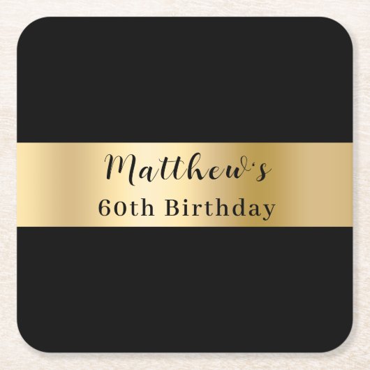 Zwarte gouden naam script verjaardag vierkante kartonnen onderzetter (Voorkant)