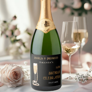 Zwarte gouden parels prosecco verjaardagsfeestje sparkling wijnetiket
