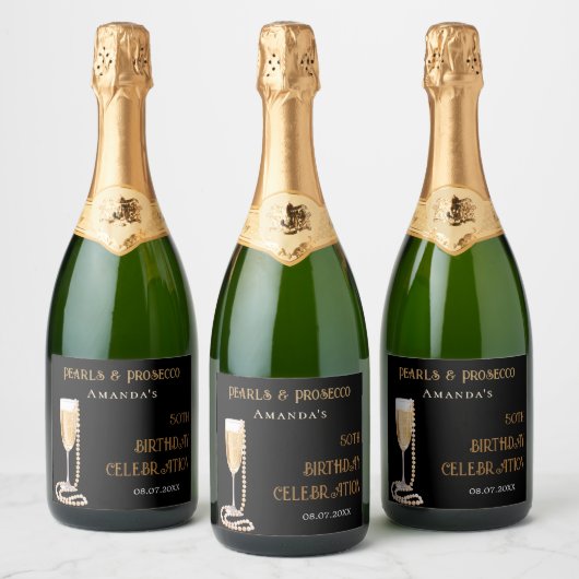 Zwarte gouden parels prosecco verjaardagsfeestje sparkling wijnetiket (Flessen)