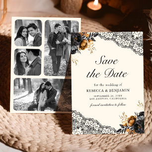 Zwarte Gouden Rozen Kant Crème Foto Gotische Bruil Save The Date