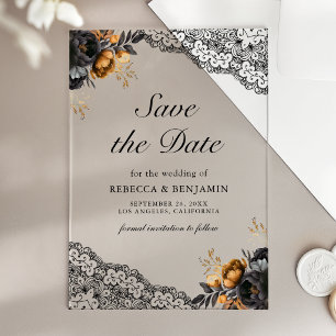 Zwarte Gouden Rozen Kant Gotische Trouw Save the D Acryl Uitnodigingen